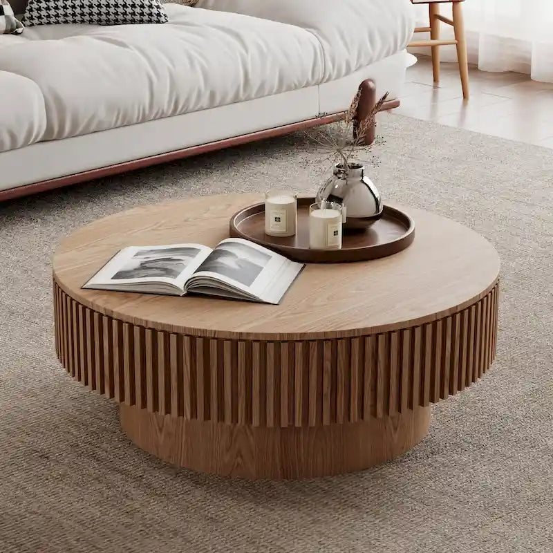 Table basse ronde cannelée Noyer/Naturel/Noir avec rangement dissimulé et placage en bois, 2 tailles
