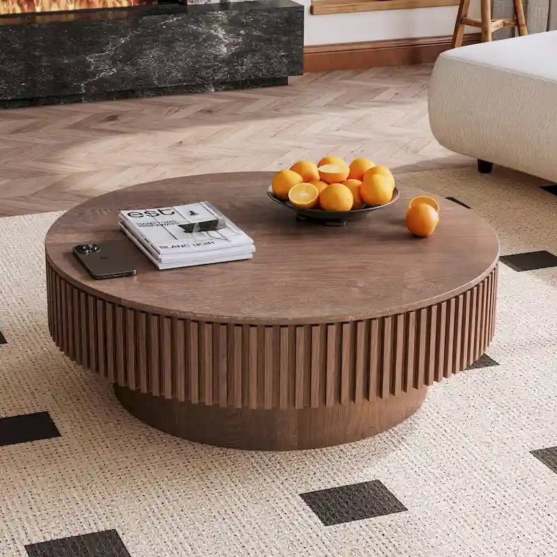 Table basse ronde cannelée Noyer/Naturel/Noir avec rangement dissimulé et placage en bois, 2 tailles