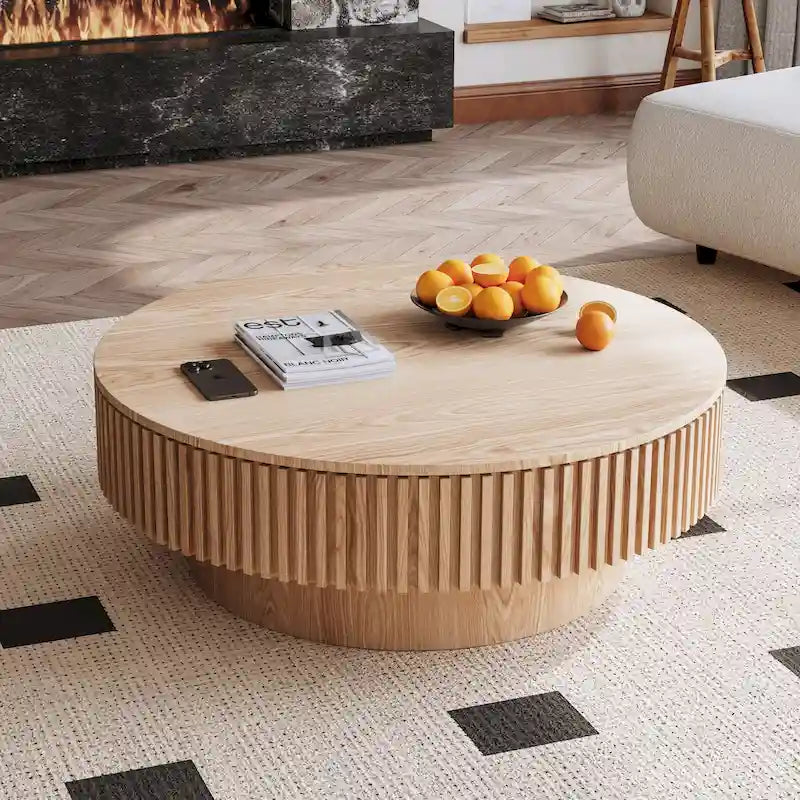 Table basse ronde cannelée Noyer/Naturel/Noir avec rangement dissimulé et placage en bois, 2 tailles