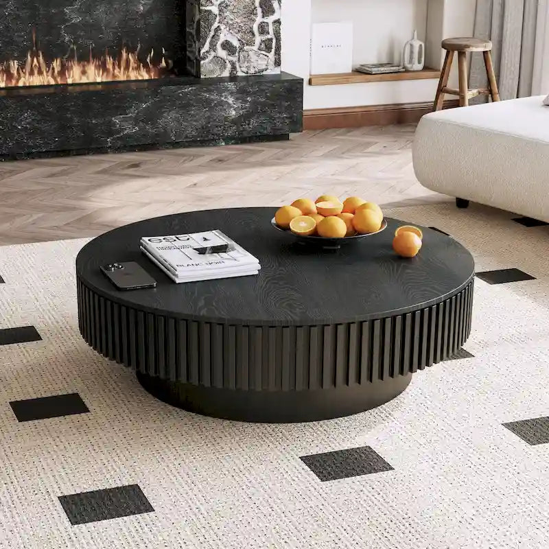 Table basse ronde cannelée Noyer/Naturel/Noir avec rangement dissimulé et placage en bois, 2 tailles
