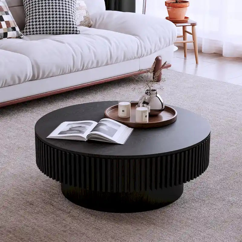 Table basse ronde cannelée Noyer/Naturel/Noir avec rangement dissimulé et placage en bois, 2 tailles