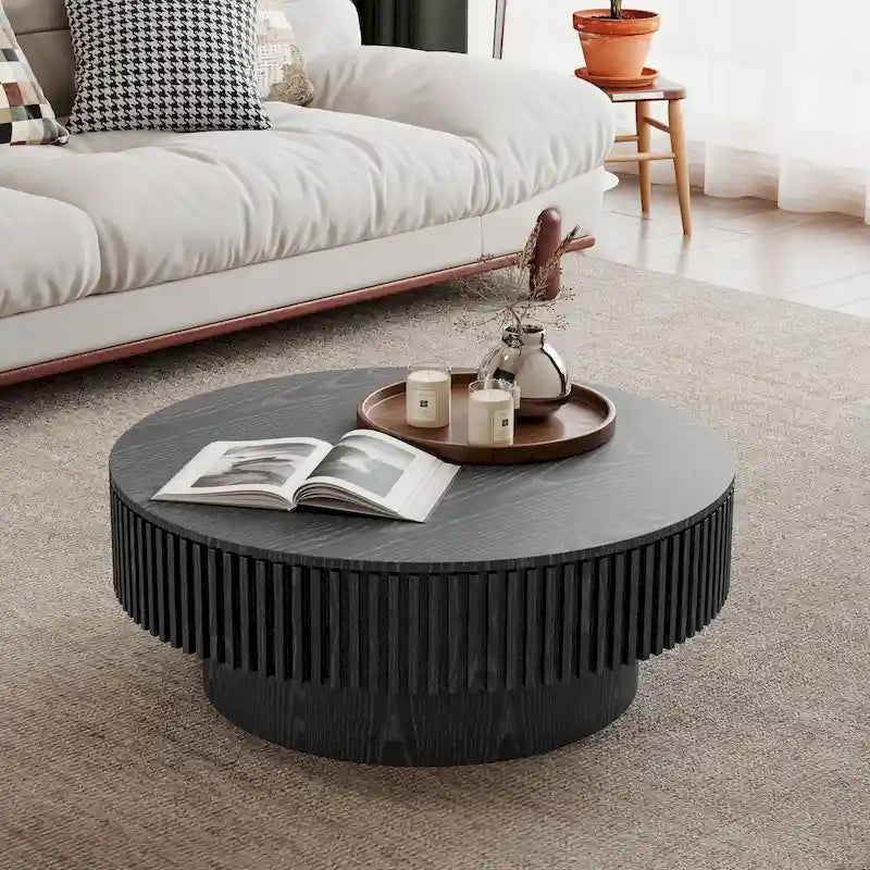 Table basse ronde cannelée Noyer/Naturel/Noir avec rangement dissimulé et placage en bois, 2 tailles