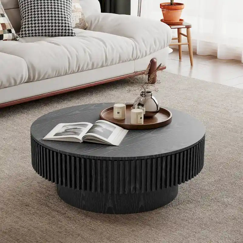 Table basse ronde cannelée Noyer/Naturel/Noir avec rangement dissimulé et placage en bois, 2 tailles