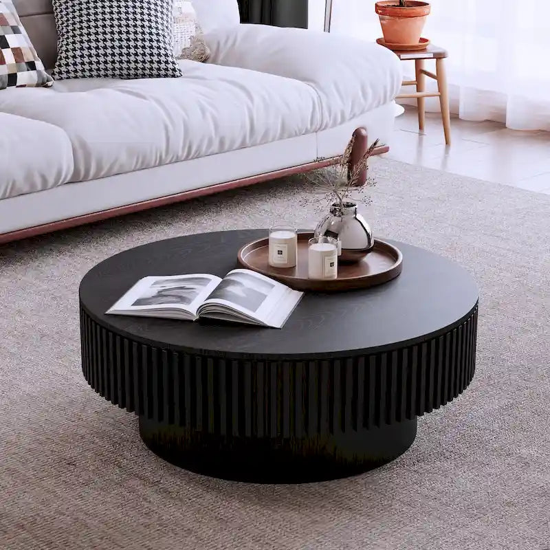 Table basse ronde cannelée Noyer/Naturel/Noir avec rangement dissimulé et placage en bois, 2 tailles