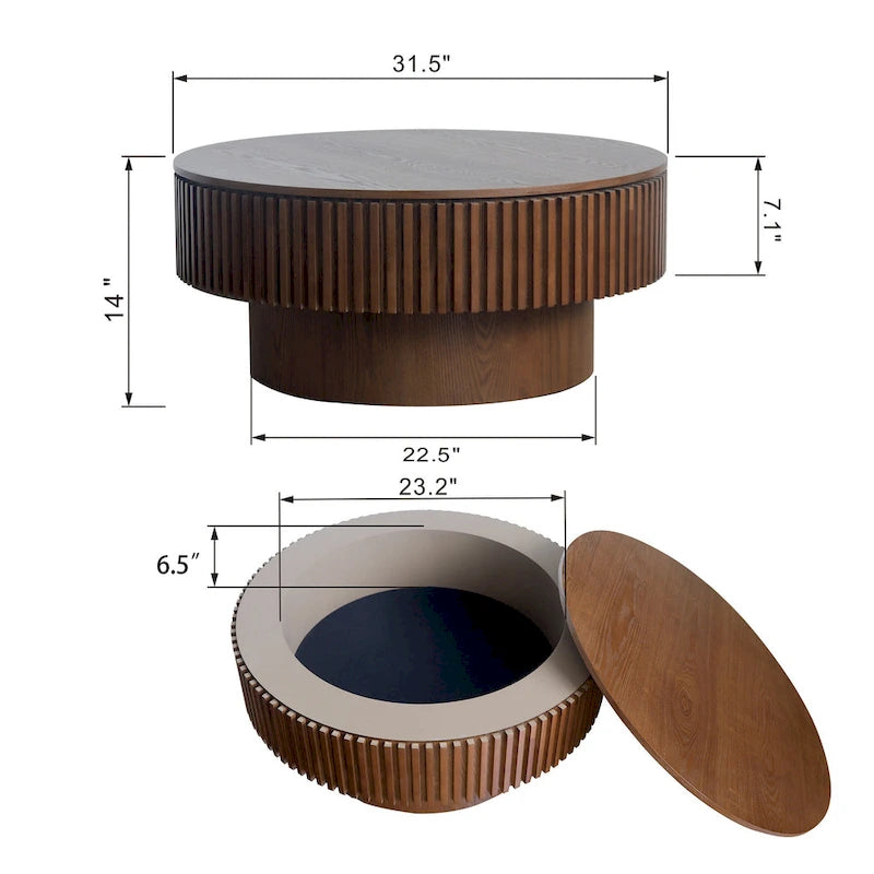 Table basse ronde cannelée Noyer/Naturel/Noir avec rangement dissimulé et placage en bois, 2 tailles