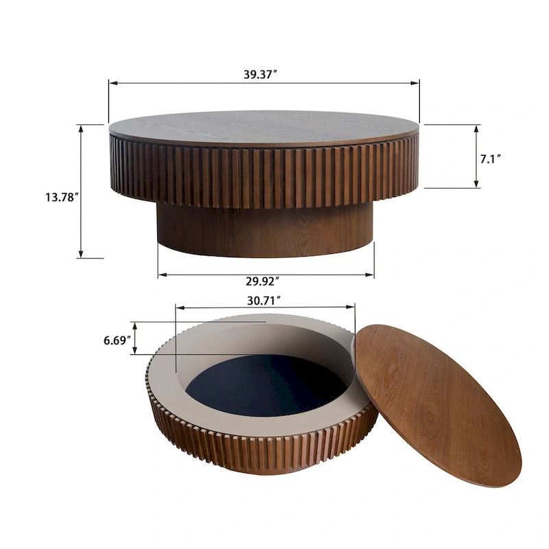 Table basse ronde cannelée Noyer/Naturel/Noir avec rangement dissimulé et placage en bois, 2 tailles