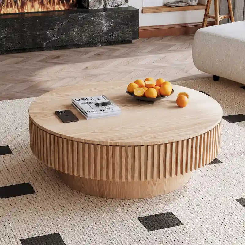 Table basse ronde cannelée Noyer/Naturel/Noir avec rangement dissimulé et placage en bois, 2 tailles