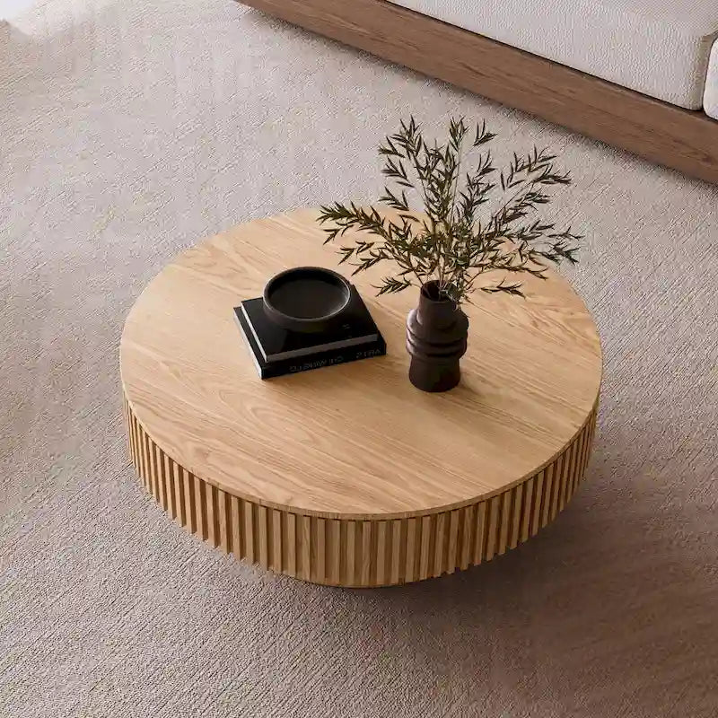 Table basse ronde cannelée Noyer/Naturel/Noir avec rangement dissimulé et placage en bois, 2 tailles