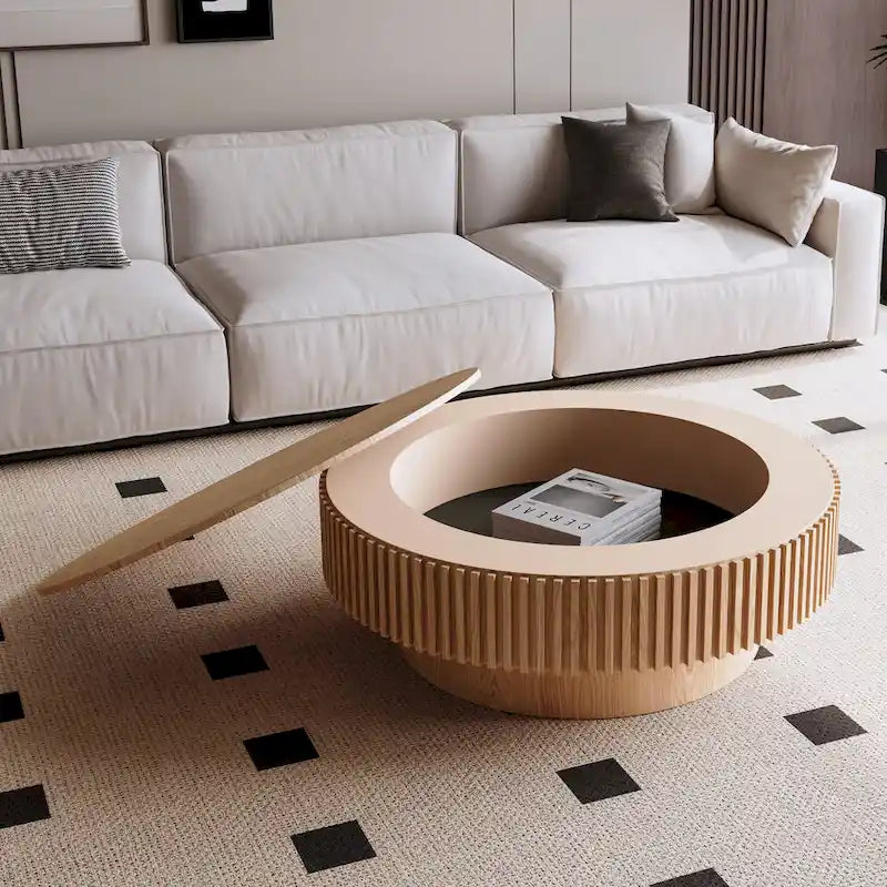 Table basse ronde cannelée Noyer/Naturel/Noir avec rangement dissimulé et placage en bois, 2 tailles