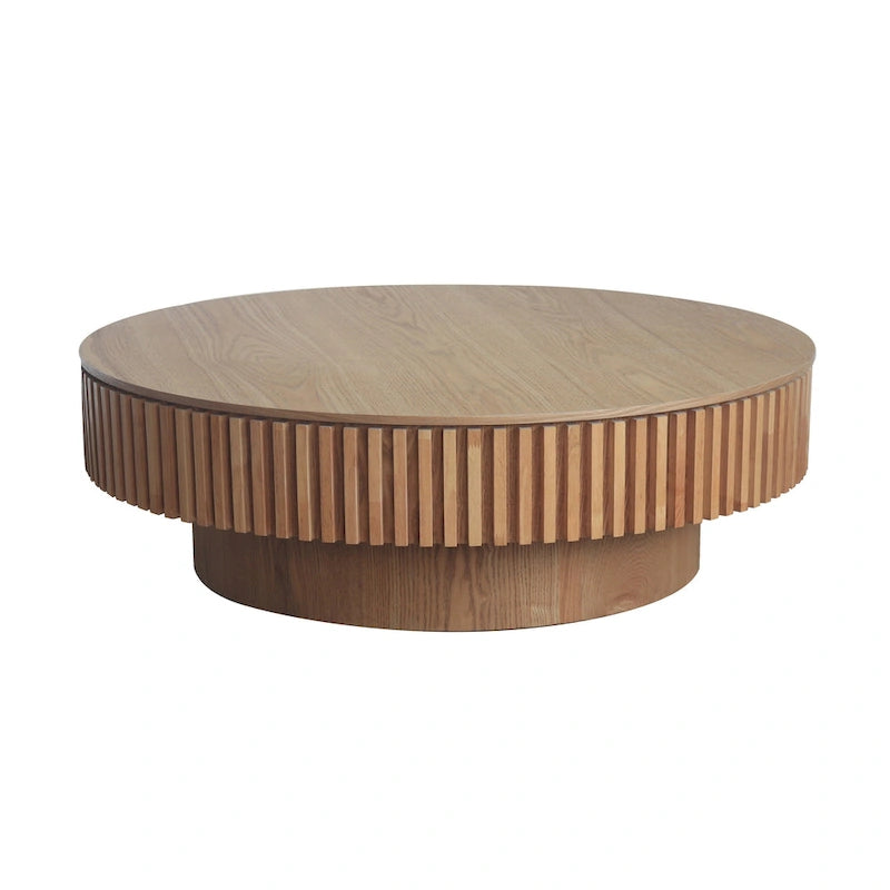 Table basse ronde cannelée Noyer/Naturel/Noir avec rangement dissimulé et placage en bois, 2 tailles