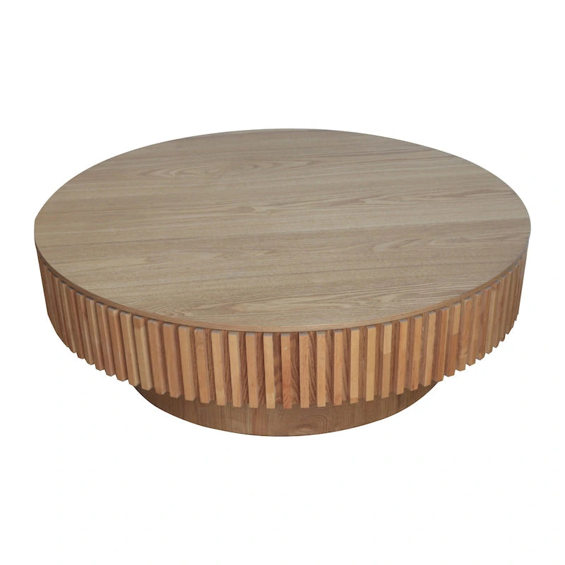 Table basse ronde cannelée Noyer/Naturel/Noir avec rangement dissimulé et placage en bois, 2 tailles