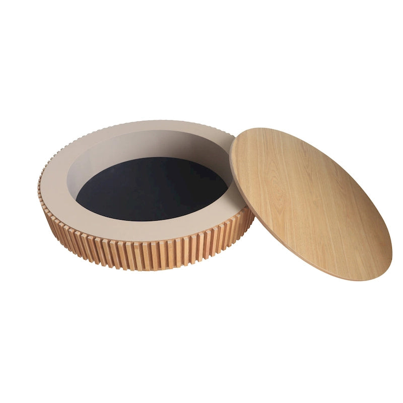 Table basse ronde cannelée Noyer/Naturel/Noir avec rangement dissimulé et placage en bois, 2 tailles