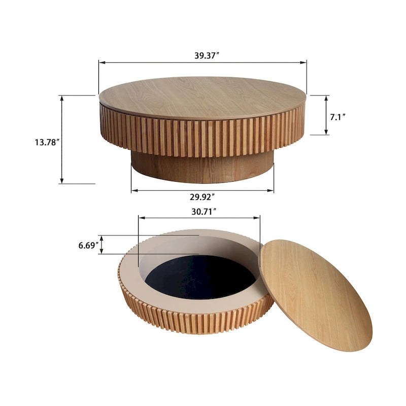 Table basse ronde cannelée Noyer/Naturel/Noir avec rangement dissimulé et placage en bois, 2 tailles