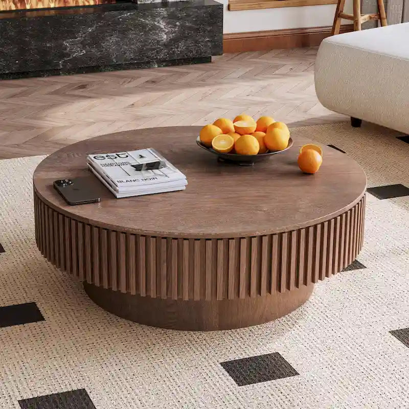 Table basse ronde cannelée Noyer/Naturel/Noir avec rangement dissimulé et placage en bois, 2 tailles