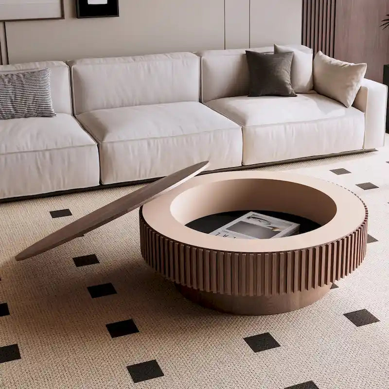 Table basse ronde cannelée Noyer/Naturel/Noir avec rangement dissimulé et placage en bois, 2 tailles