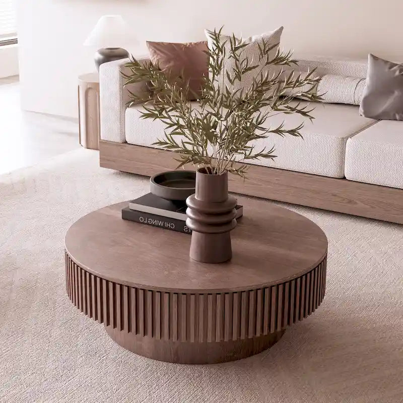 Table basse ronde cannelée Noyer/Naturel/Noir avec rangement dissimulé et placage en bois, 2 tailles