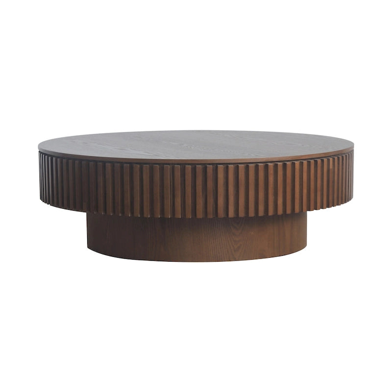 Table basse ronde cannelée Noyer/Naturel/Noir avec rangement dissimulé et placage en bois, 2 tailles