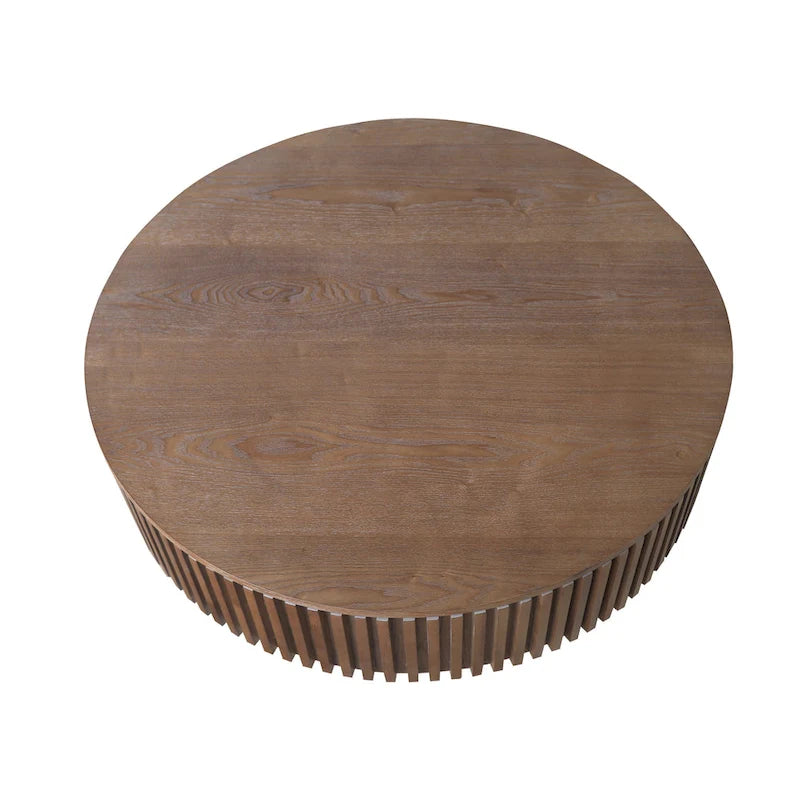 Table basse ronde cannelée Noyer/Naturel/Noir avec rangement dissimulé et placage en bois, 2 tailles
