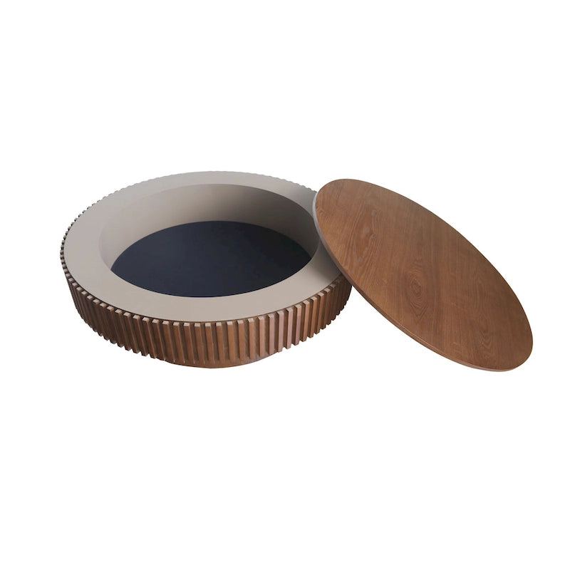 Table basse ronde cannelée Noyer/Naturel/Noir avec rangement dissimulé et placage en bois, 2 tailles