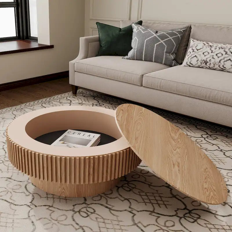 Table basse ronde cannelée Noyer/Naturel/Noir avec rangement dissimulé et placage en bois, 2 tailles