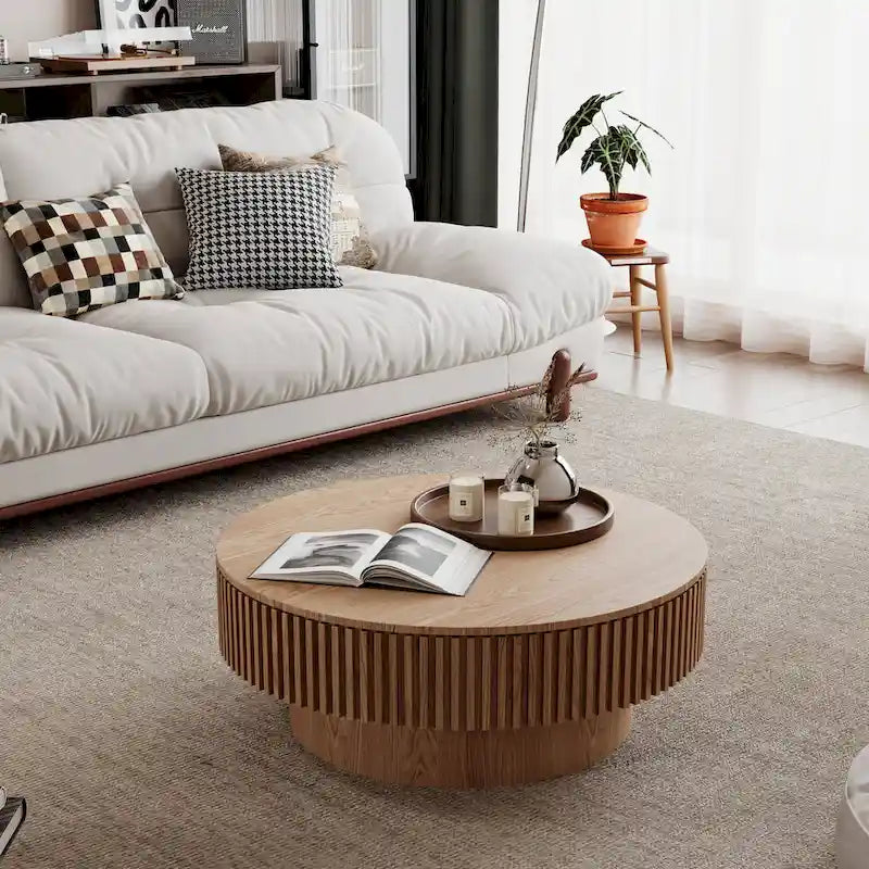 Table basse ronde cannelée Noyer/Naturel/Noir avec rangement dissimulé et placage en bois, 2 tailles