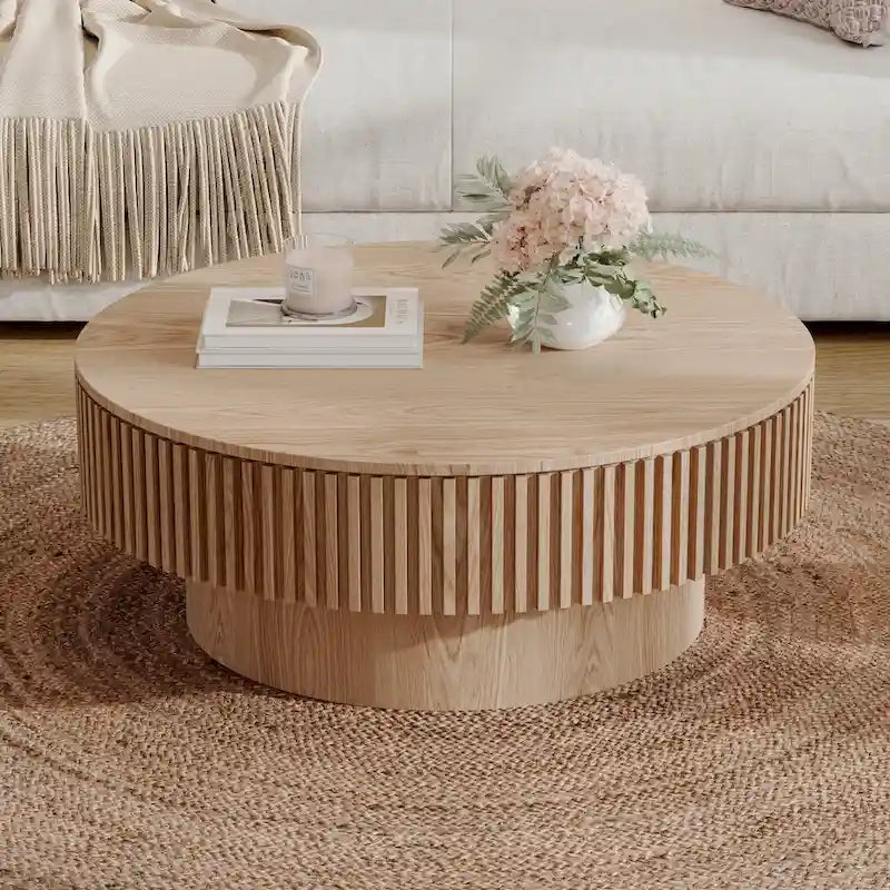 Table basse ronde cannelée Noyer/Naturel/Noir avec rangement dissimulé et placage en bois, 2 tailles