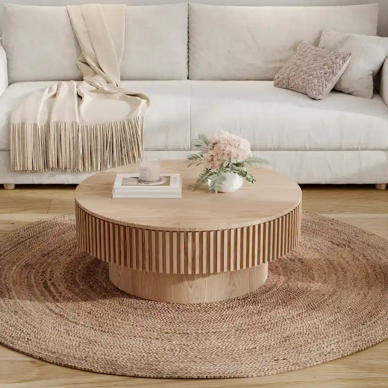 Table basse ronde cannelée Noyer/Naturel/Noir avec rangement dissimulé et placage en bois, 2 tailles