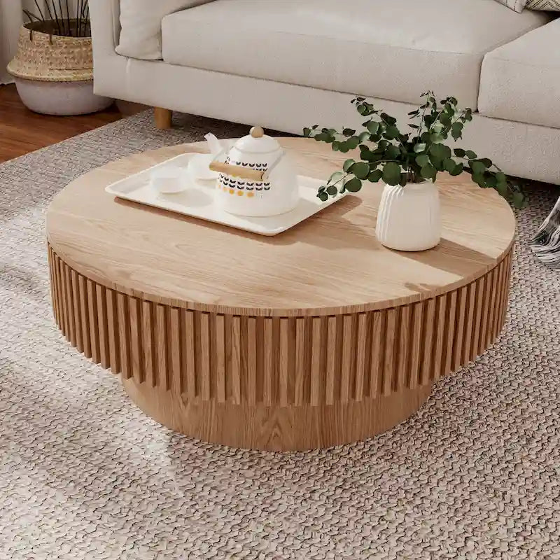 Table basse ronde cannelée Noyer/Naturel/Noir avec rangement dissimulé et placage en bois, 2 tailles
