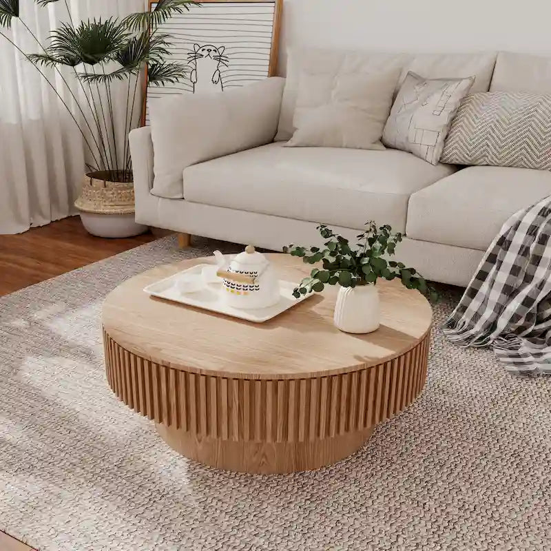 Table basse ronde cannelée Noyer/Naturel/Noir avec rangement dissimulé et placage en bois, 2 tailles
