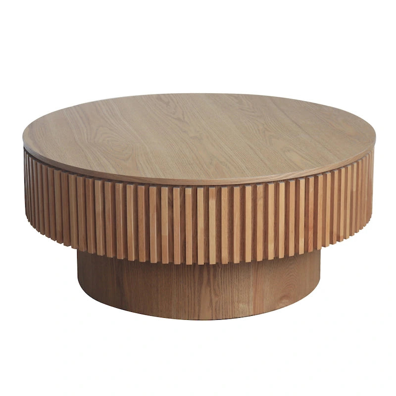 Table basse ronde cannelée Noyer/Naturel/Noir avec rangement dissimulé et placage en bois, 2 tailles