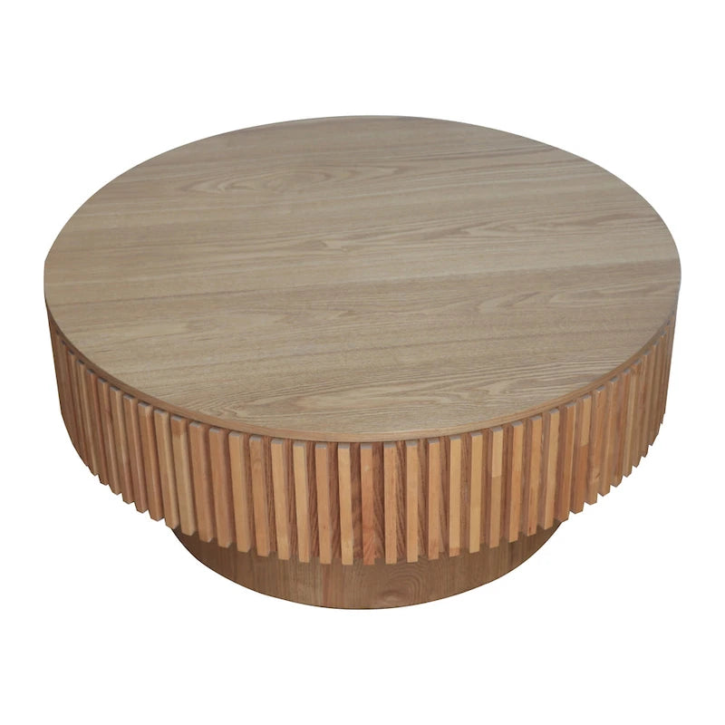 Table basse ronde cannelée Noyer/Naturel/Noir avec rangement dissimulé et placage en bois, 2 tailles