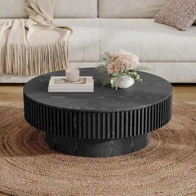 Table basse ronde cannelée Noyer/Naturel/Noir avec rangement dissimulé et placage en bois, 2 tailles