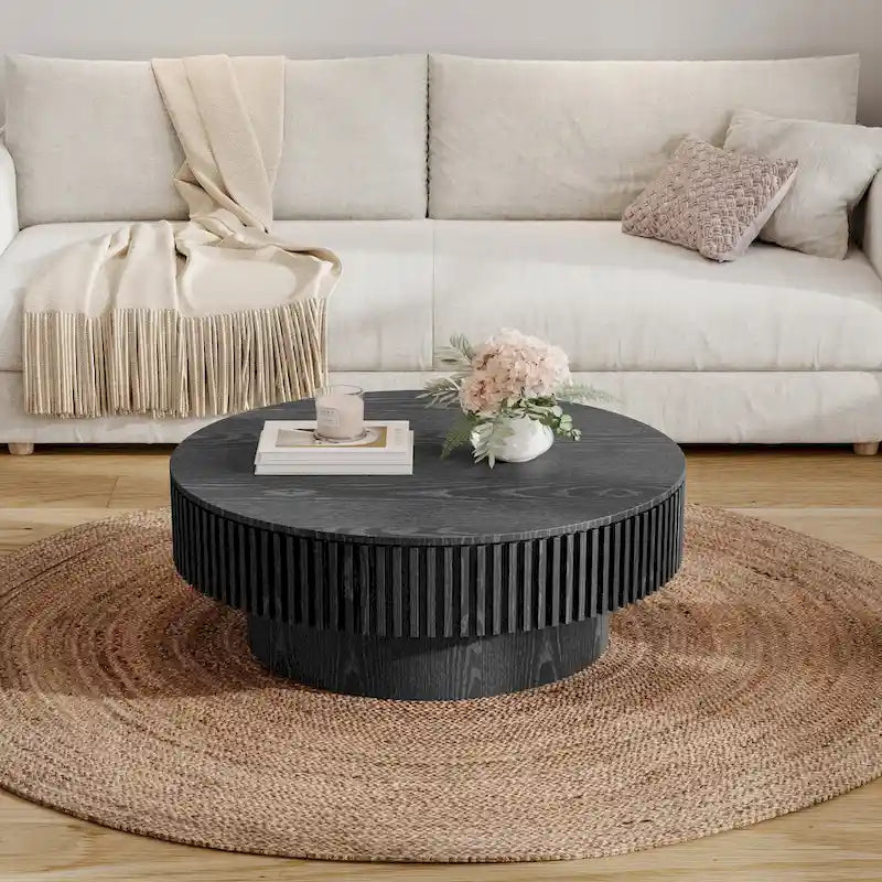 Table basse ronde cannelée Noyer/Naturel/Noir avec rangement dissimulé et placage en bois, 2 tailles