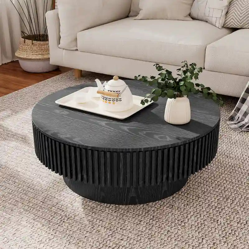 Table basse ronde cannelée Noyer/Naturel/Noir avec rangement dissimulé et placage en bois, 2 tailles