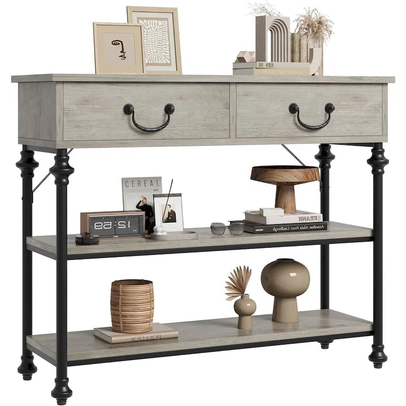 Console industrielle vintage gris/marron rustique avec 2 tiroirs et étagères de rangement