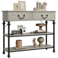 Console industrielle vintage gris/marron rustique avec 2 tiroirs et étagères de rangement