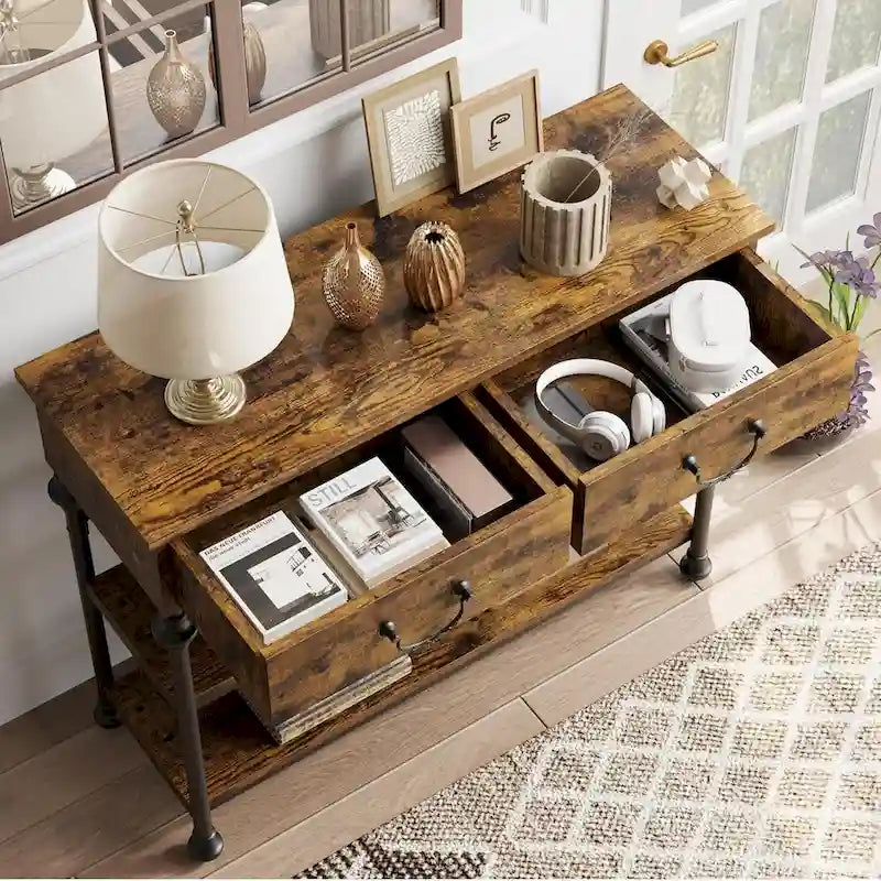 Console industrielle vintage gris/marron rustique avec 2 tiroirs et étagères de rangement