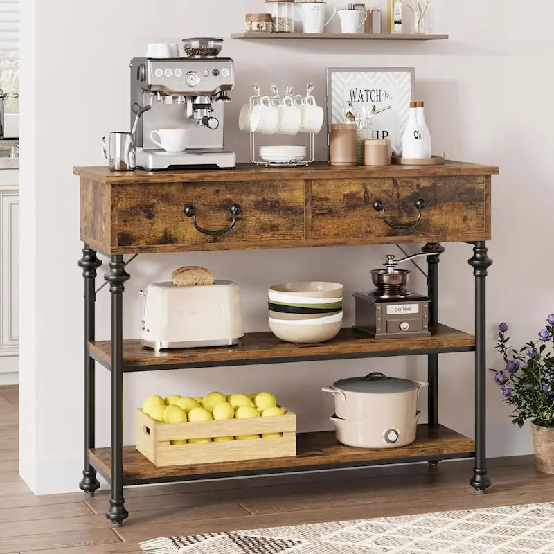 Console industrielle vintage gris/marron rustique avec 2 tiroirs et étagères de rangement