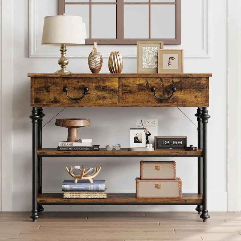 Console industrielle vintage gris/marron rustique avec 2 tiroirs et étagères de rangement