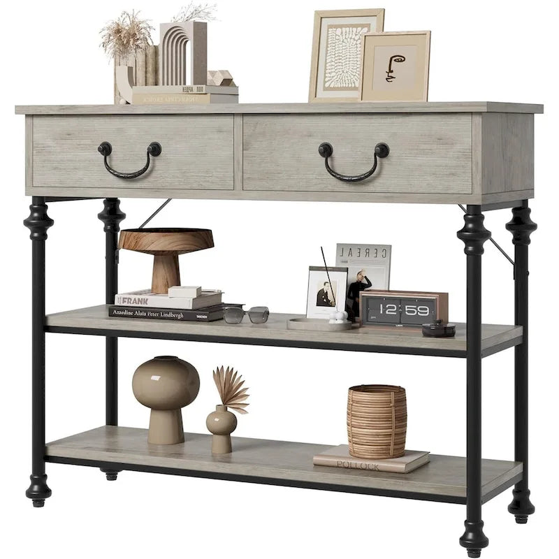 Console industrielle vintage gris/marron rustique avec 2 tiroirs et étagères de rangement