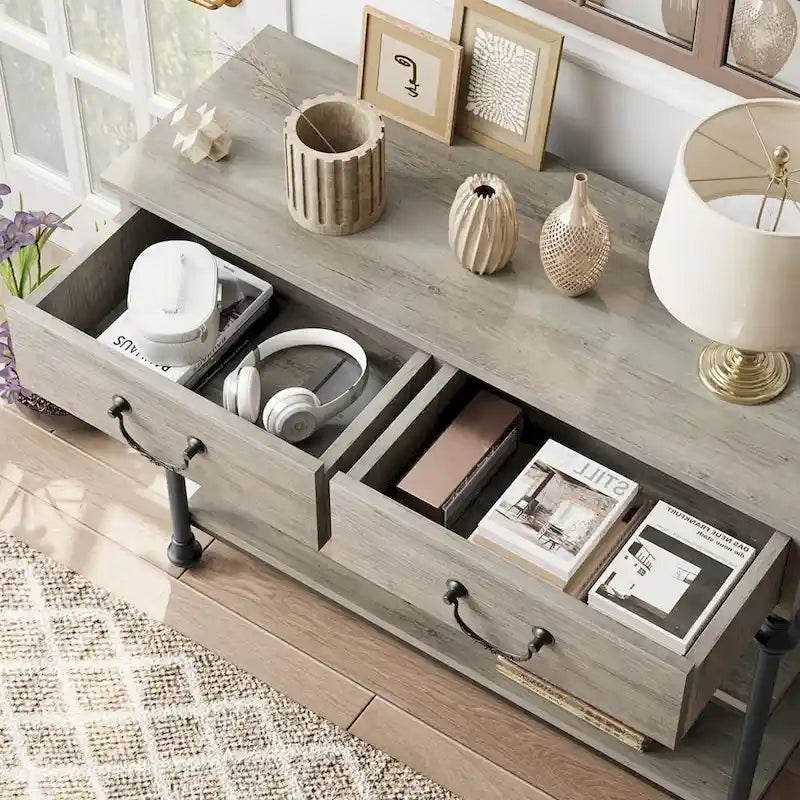 Console industrielle vintage gris/marron rustique avec 2 tiroirs et étagères de rangement