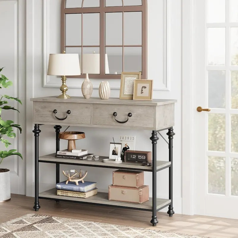 Console industrielle vintage gris/marron rustique avec 2 tiroirs et étagères de rangement