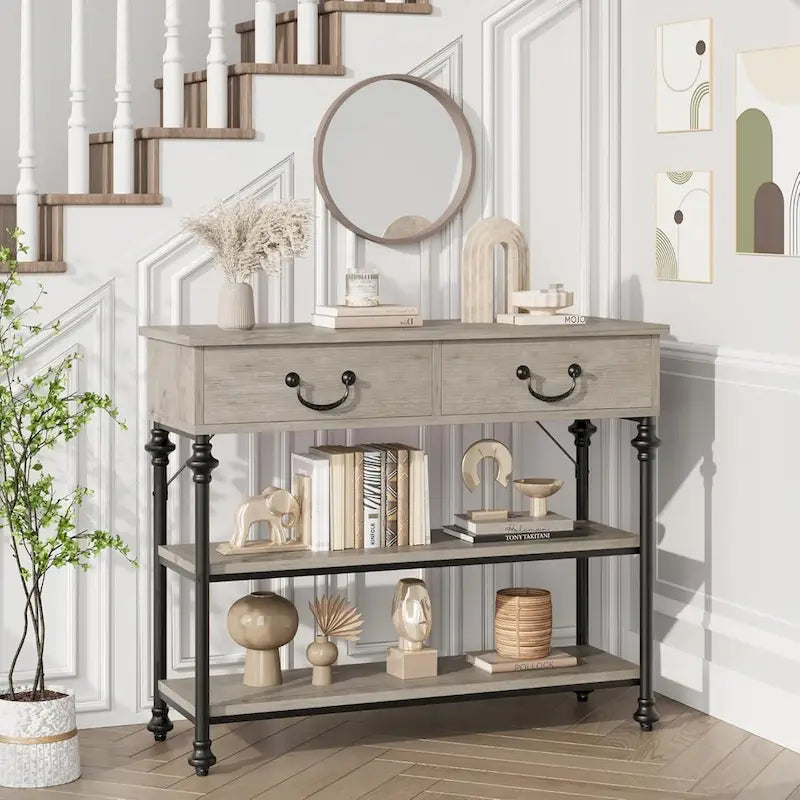 Console industrielle vintage gris/marron rustique avec 2 tiroirs et étagères de rangement