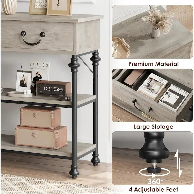 Console industrielle vintage gris/marron rustique avec 2 tiroirs et étagères de rangement