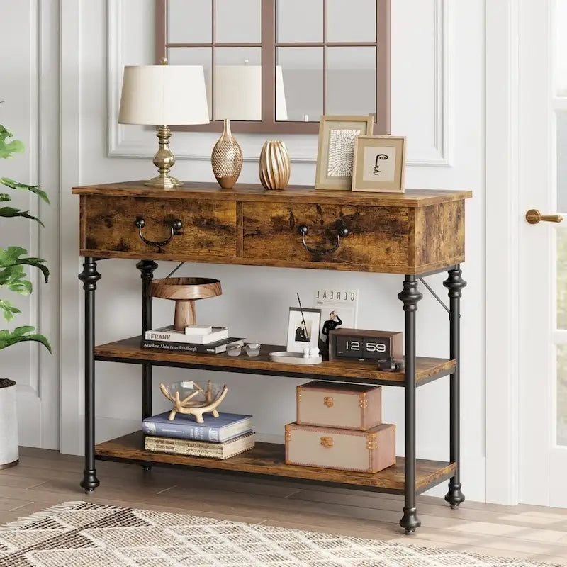 Console industrielle vintage gris/marron rustique avec 2 tiroirs et étagères de rangement