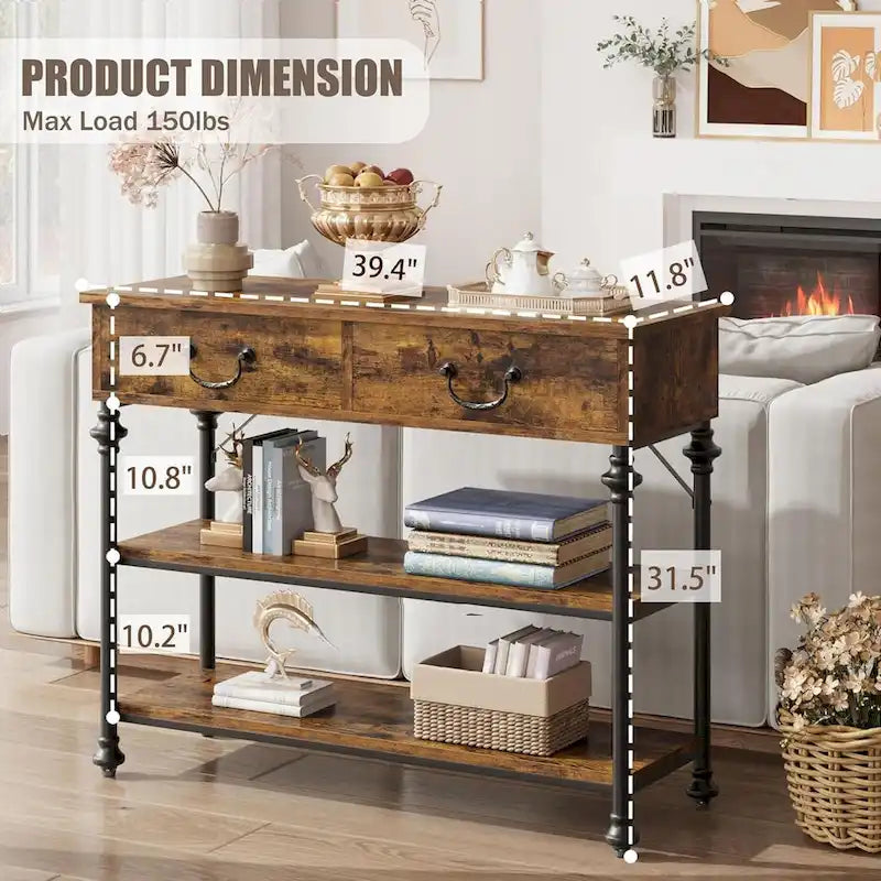 Console industrielle vintage gris/marron rustique avec 2 tiroirs et étagères de rangement