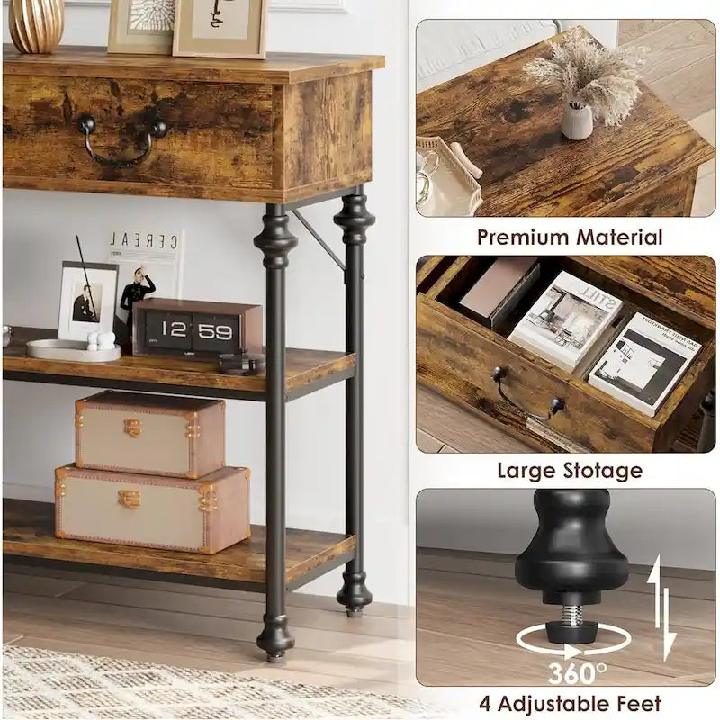 Console industrielle vintage gris/marron rustique avec 2 tiroirs et étagères de rangement