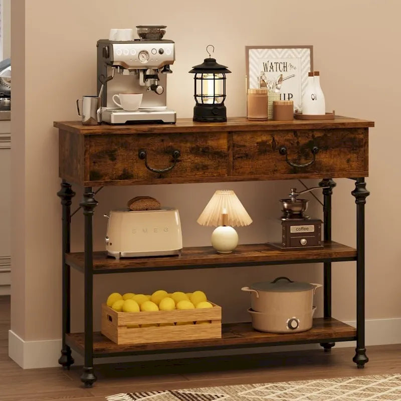 Console industrielle vintage gris/marron rustique avec 2 tiroirs et étagères de rangement