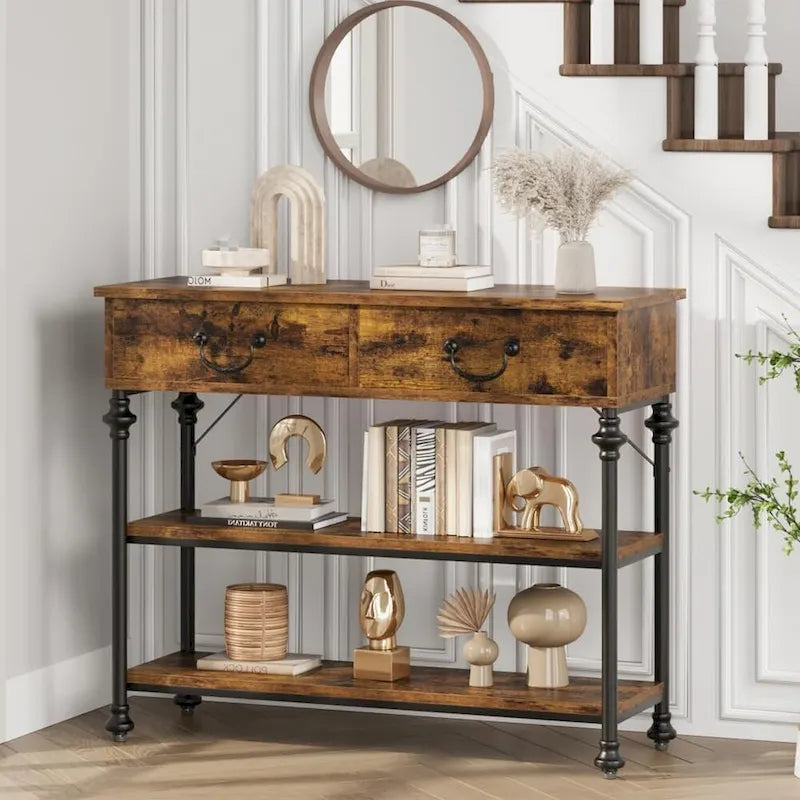 Console industrielle vintage gris/marron rustique avec 2 tiroirs et étagères de rangement