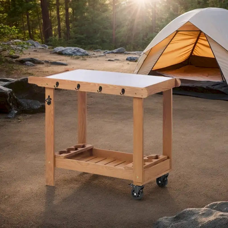 Chariot de service pour barbecue d'extérieur à 2 étagères marron avec plateau en acier inoxydable, roues, crochets, porte-bière et décapsuleur